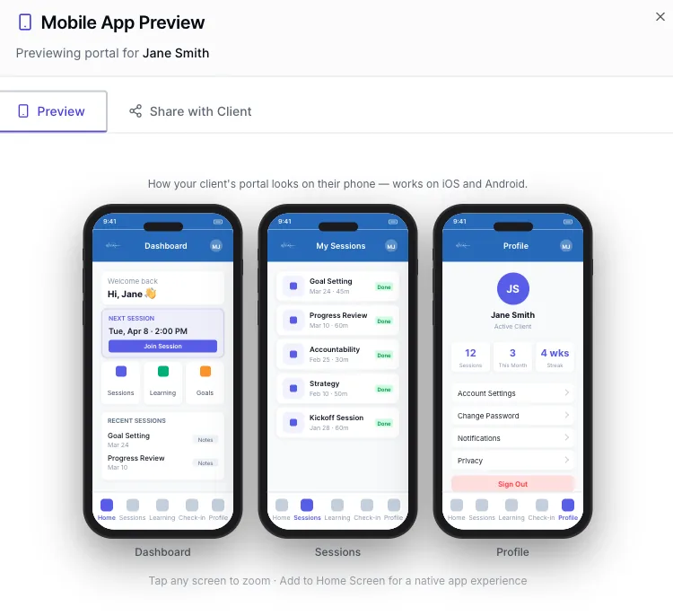 ClickCoach mobile client portal on phone