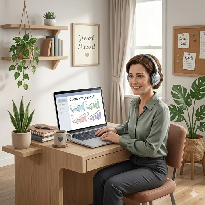 Coach in a home office wearing a headset while reviewing client progress on her laptop
