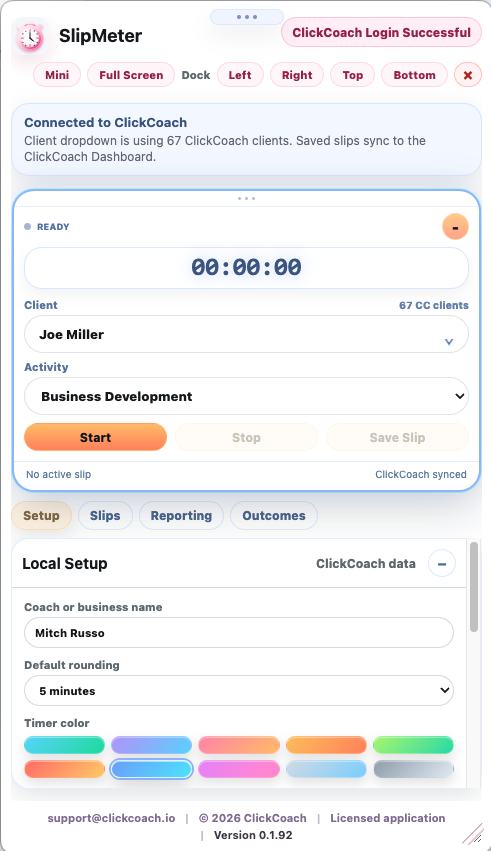 SlipMeter Mac app with timer, ClickCoach sync, client selector, activity selector, slips, setup, reporting, and outcomes tabs